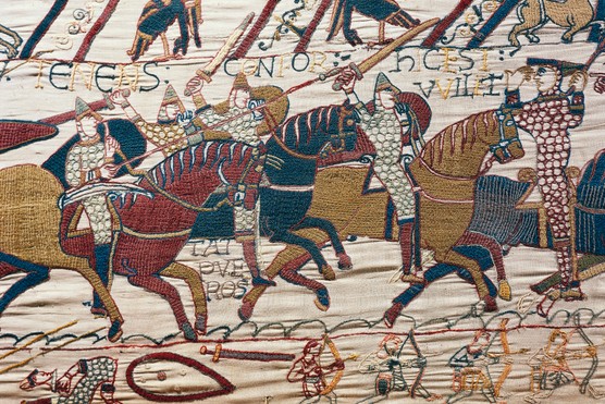 Scene of knights in battle, detail from Bayeux tapestry or tapestry of Queen Matilda, France, 11th century