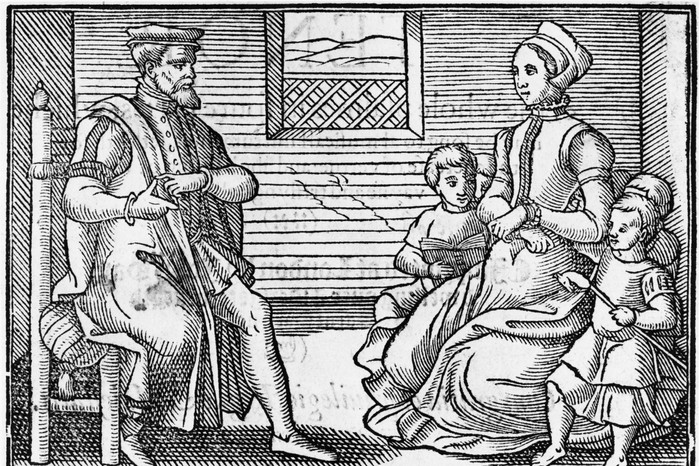 This 1563 illustration shows a Tudor family at prayer, reflecting the central role of religion in daily life during a time of intense religious change. Scenes like this capture the influence of the Reformation on both public worship and private devotion.