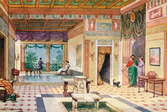 Image of an atrium from ancient Rome. There are people milling around and a fountain.