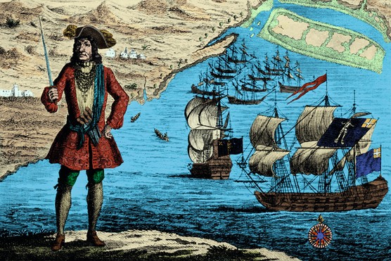 A coloured engraving of pirate captain Bartholomew Roberts, who enforced strict rules on his ship.