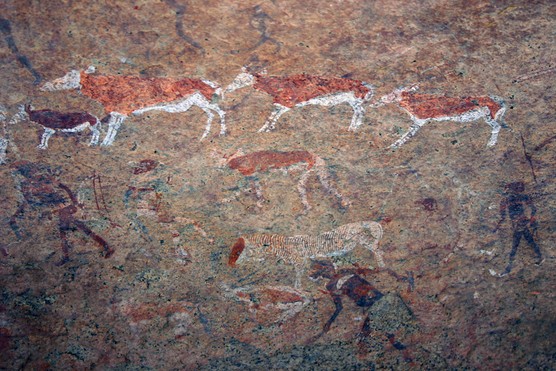 Cave painting showing animals being hunted.