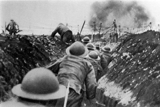 Soldiers of the English infantry in France, running out of their trenches at the signal to assault.