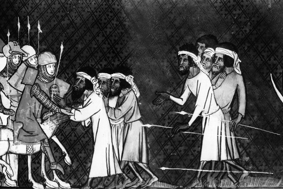 A Saracen attack on Crusaders, from the French manuscript 'Chroniques de Saint Denis', c1200. (Photo by Hulton Archive/Getty Images) A Saracen attack on Crusaders, from the French manuscript 'Chroniques de Saint Denis', c1200. (Photo by Hulton Archive/Getty Images)