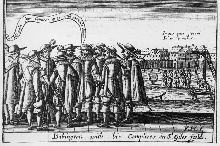 This depiction of Anthony Babington (1561–1586) shows the Catholic conspirator whose plot to assassinate Elizabeth I and place Mary, Queen of Scots, on the throne was uncovered in 1586. Behind him, executions in St Giles’s Field reflect the brutal fate that awaited Babington and his fellow plotters after their failed conspiracy.