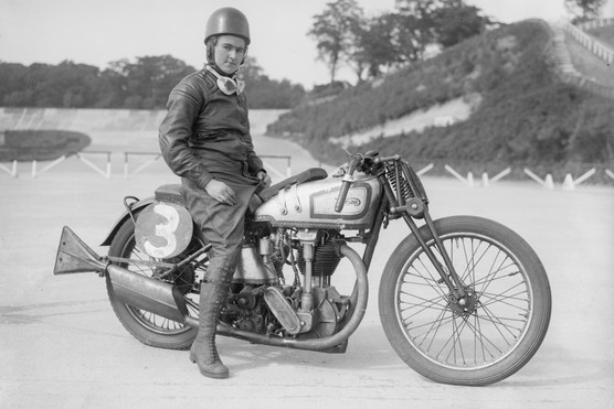 c1935: Beatrice Shilling sits astride her Norton motorcycle. (Photo by Fox Photos/Getty Images)