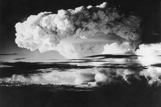 Sky covered by smoke from the first H-Bomb explosion at Eniwetok Atoll in the Pacific, 1 April 1954. (Photo by Keystone/Getty Images)