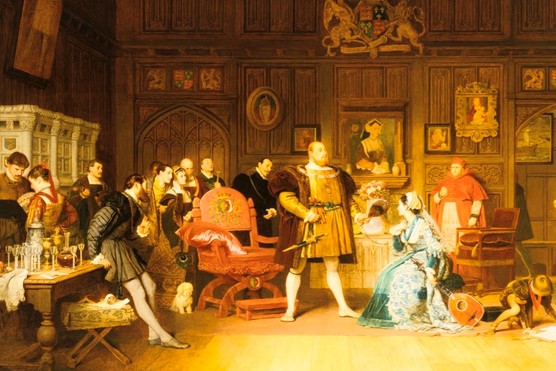 Painting of Henry VIII and his second wife Anne Boleyn. Several servants as well as Cardinal Wolsey look on.