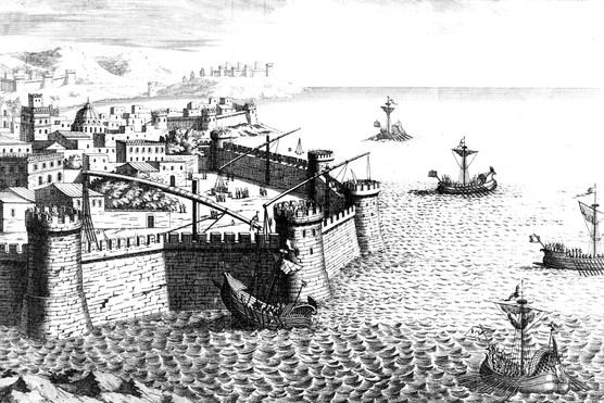 Illustatration of the siege of Syracuse, showing Archimedes' cranes used to destroy Roman ships