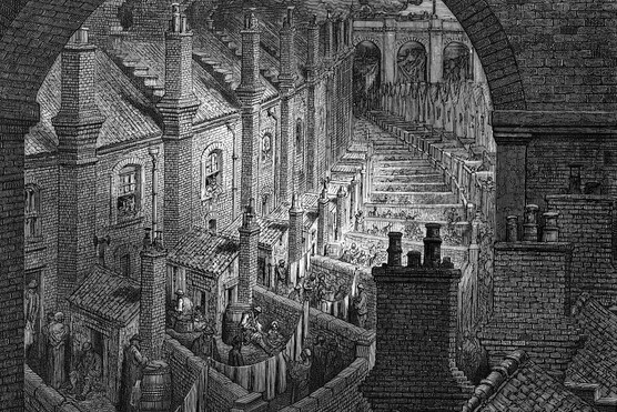 An 1870s illustration of a typical London artisan terraced houses with washhouses, privies and yards leading on to an alley, all dominated by railway viaducts. (Photo by Oxford Science Archive/Print Collector/Getty Images) An 1870s illustration of a typical London artisan terraced houses with washhouses, privies and yards leading on to an alley, all dominated by railway viaducts. (Photo by Oxford Science Archive/Print Collector/Getty Images)