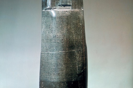 Diorite stela inscribed with the laws of King Hammurabi of Babylon, around 3,800 years ago. Hammurabi sits enthroned at top of the stela. (Photo by Art Media/Print Collector/Getty Images)