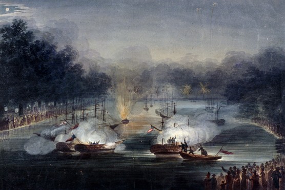 View of a sham fight on the Serpentine, Hyde Park, London, 1814