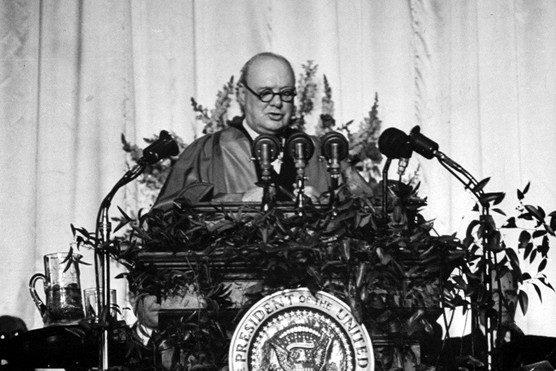 Winston Churchill delivering his famous 'iron curtain' speech at Westminster College