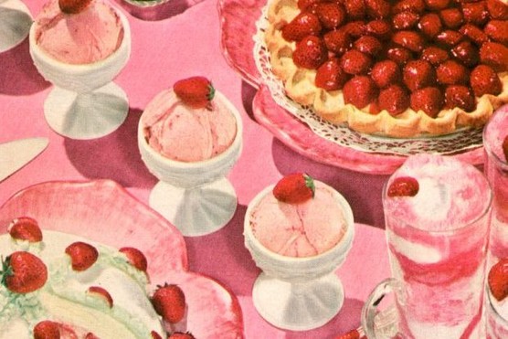 Vintage illustration of a variety of strawberry desserts.