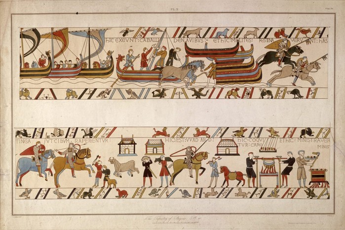 This section of the Bayeux Tapestry shows the Norman army crossing the Channel in 1066, followed by the preparation of food after landing in England. The detail underscores the logistical organisation behind William of Normandy’s invasion.