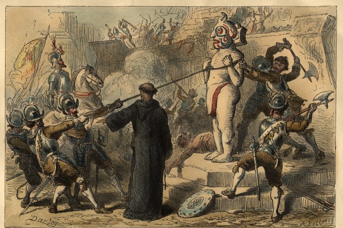 Destroying Idols Spanish conquistadors destroying Aztec idols in the aftermath of the conquest. Such acts formed part of a wider campaign to suppress Indigenous religion and assert Christian authority, reshaping the spiritual and cultural landscape of central Mexico in the early colonial period.
