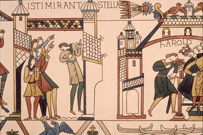 This scene from the Bayeux Tapestry shows Halley’s Comet appearing in 1066, as King Harold is informed of the omen. Medieval observers regarded the comet as a portent of disaster.