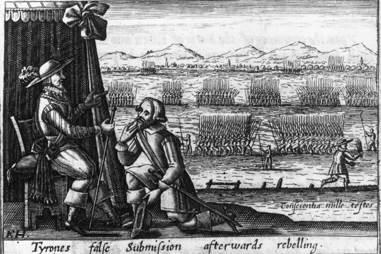 Irish national hero Hugh O'Neill, the 2nd Earl of Tyrone, makes a formal submission to the English following the suppression of his Irish rebellion, 1603. (Photo by Hulton Archive/Getty Images)