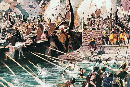 Illustration of Despite being outnumbered, the Greeks gained vital supremacy at sea over the Persians at the battle of Salamis in 480 BC