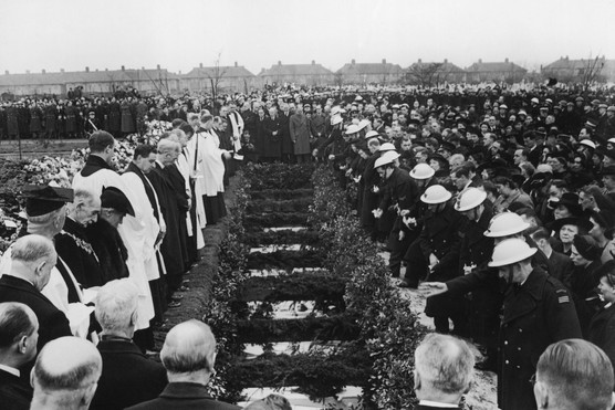 On 27 January 1943, ARP wardens attend the funeral of victims killed in a daylight bombing raid — including several children and teachers. Such scenes were tragically common during the Second World War, as civilian areas remained vulnerable to Luftwaffe attacks despite improved air defences.