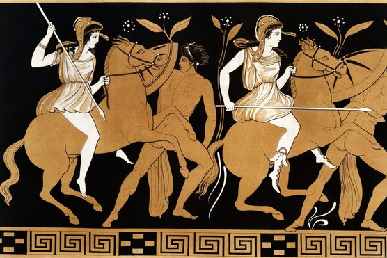This 19th-century illustration, based on ancient Greek vase imagery, depicts two mounted Amazons chasing after two fleeing youths. Scenes like this reflect classical fascination with the myth of warrior women.