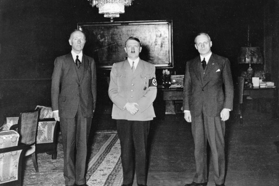 Adolf Hitler photographed with British politician Henry Vane-Tempest Stewart, 7th Marquess of Londonderry (left) and Joachim von Ribbentrop (right), minister of foreign affairs of Nazi Germany from 1938 to 1945. (Photo litzy ullstein bild/ullstein bild via Getty Images)