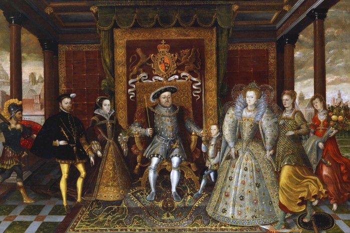 An Allegory of the Tudor Succession: The Family of Henry VIII This painting places Henry VIII at the centre of the Tudor dynasty, surrounded by members of his family and his eventual successors.