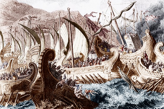 Boats clash at sea in this illustration of the 480 BC battle of Salamis, fought between a Persian army led by King Xerxes I and the Greek army led by Themistocles