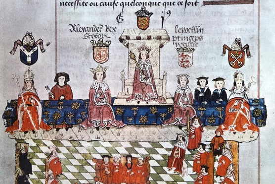 Edward I in parliament with the Archbishop of Canterbury; King Alexander III of Scotland; the Welsh Prince Llywelyn ab Gruffydd and the Archbishop of York. From the Wriothesley MS, 1523, published in ‘The Island Race’, a 20th-century book written by Sir Winston Churchill covering the history of the British Isles from the pre-Roman times to the Victorian era. (Photo by Universal History Archive/UIG via Getty Images) Edward I in parliament with the Archbishop of Canterbury; King Alexander III of Scotland; the Welsh Prince Llywelyn ab Gruffydd and the Archbishop of York. From the Wriothesley MS, 1523, published in ‘The Island Race’, a 20th-century book written by Sir Winston Churchill covering the history of the British Isles from the pre-Roman times to the Victorian era. (Photo by Universal History Archive/UIG via Getty Images)