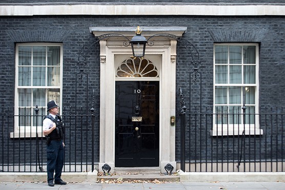 Front door of No 10 Downing Street, the official residence of the British prime minister