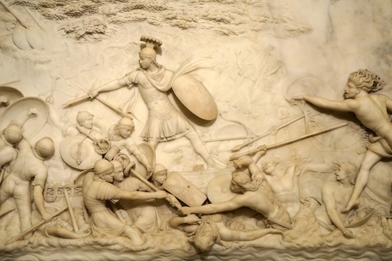 An 18th-century marble relief depicting Julius Caesar invading Britain by John Deare, a British neo-classical sculptor. (Photo by: Universal History Archive/UIG via Getty Images)