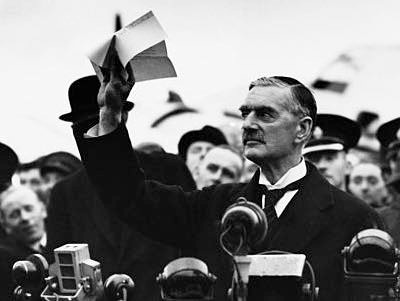 British Prime Minister Neville Chamberlain at Heston Aerodrome.