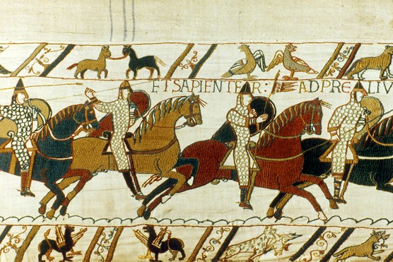 Norman cavalry charge the enemy in this detail from the Bayeux Tapestry. Debate rages over the pros and cons of the tapestry leaving France for the first time in more than 900 years. (Photo by Photo 12/Getty Images) Norman cavalry charge the enemy in this detail from the Bayeux Tapestry. Debate rages over the pros and cons of the tapestry leaving France for the first time in more than 900 years. (Photo by Photo 12/Getty Images)