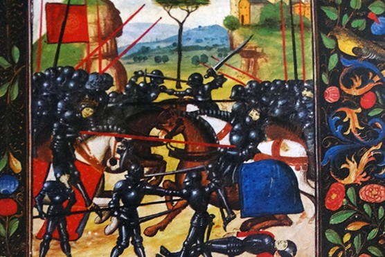 This lively, if inaccurate, 15th- century illustration of the battle of Barnet shows a coronet- wearing Edward skewering Warwick with his lance Photo by: Universal History Archive/Universal Images Group via Getty Images) Battle of Barnet: This lively, if inaccurate, 15th- century illustration of the shows a coronet- wearing Edward skewering Warwick with his lance