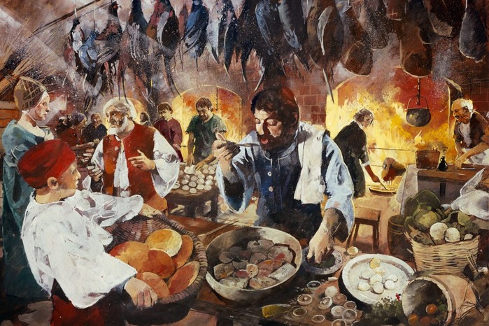 Tudor kitchen, July 1575, (c1990-2010) This modern reconstruction shows a Tudor kitchen at Kenilworth Castle, prepared for Queen Elizabeth I’s visit in July 1575. The lavish reception, hosted by the Earl of Leicester, was part of his prolonged — and ultimately unsuccessful — courtship of the queen.