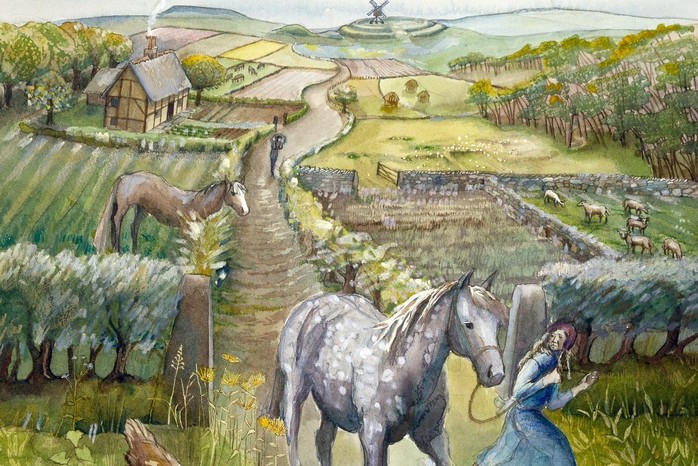 Rural landscape, c17th century, (c1990-2010) This modern reconstruction drawing imagines a rural English landscape around 1600, highlighting the rhythms of Tudor farming life. Agriculture dominated the economy, with seasonal labour, smallholdings, and common land shaping the everyday experience of most of the population.