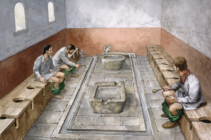 Roman latrine, 2rd century, (c1990-2010) This reconstruction shows the 2nd-century latrine at an auxiliary fort on Hadrian’s Wall. Built around AD 124, the communal facility featured stone seats set above a flowing water channel.