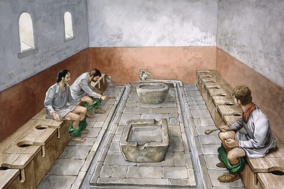 A depiction of Roman communal toilets