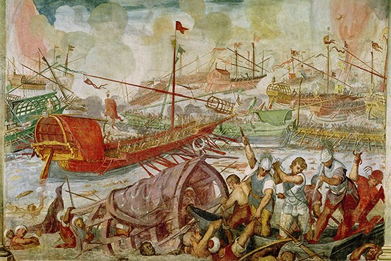 The battle of Actium in 31 BC was a decisive naval clash in the Last War of the Roman Republic, represented here in mural from 1600 (Photo by Art Images via Getty Images) Mural of the battle of Actium from 1600