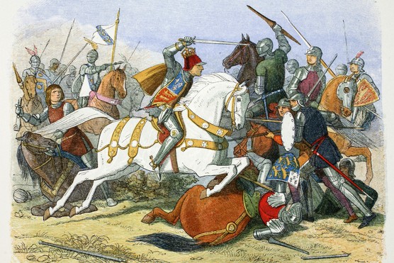 A painting showing a man dressed in armour, with a blue and red flag over him, riding a white horse amongst a busy battlefield