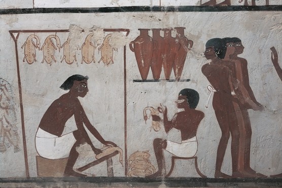 Theban mural showing people plucking geese. (Photo by DEA / G Dagli Orti/De Agostini/Getty Images)