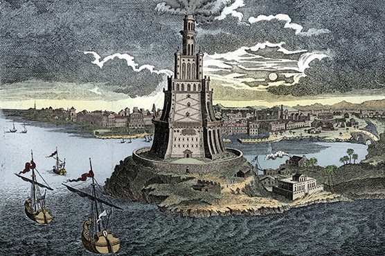 Colourised print of the Lighthouse of Alexandria as imagined in the 18th century