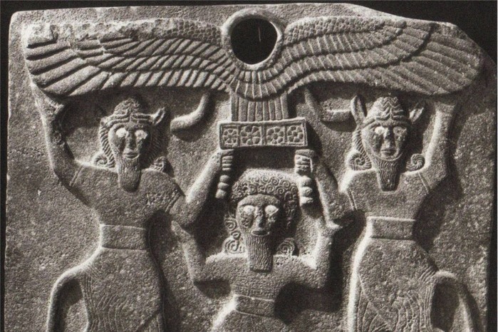 Orthostates Depicting Gilgamesh Between Two Minotaur Demigods Holding Up The Sun Disc. From Tell Hal These 9th-century BC orthostates from Tell Halaf show the hero Gilgamesh flanked by two bull-headed demigods who raise a sun disc above him, imagery drawn from Mesopotamian myth. Gilgamesh was celebrated across the ancient Near East as a hero and semi-divine king, while bull-man figures and solar symbols evoked themes of power, protection, and cosmic order central to Mesopotamian religion.