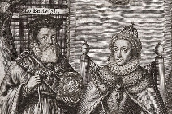 William Cecil, also known as Lord Burghley, with Queen Elizabeth I. "His proximity to the queen and the dominant role that he played in Elizabethan government makes it hard to write a history of her reign without seeing it partly through his eyes," writes Janet Dickinson. (Photo by Universal History Archive/Universal Images Group via Getty Images) William Cecil, also known as Lord Burghley, with Queen Elizabeth I. (Photo by Universal History Archive/Universal Images Group via Getty Images)