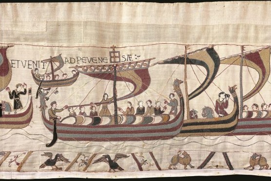 The Bayeux Tapestry depicts the Normans sailing across the channel