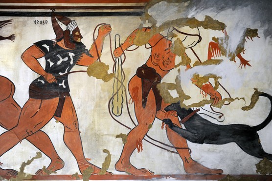 A painting showing a black beast biting the leg of an orange man dressed in a loincloth