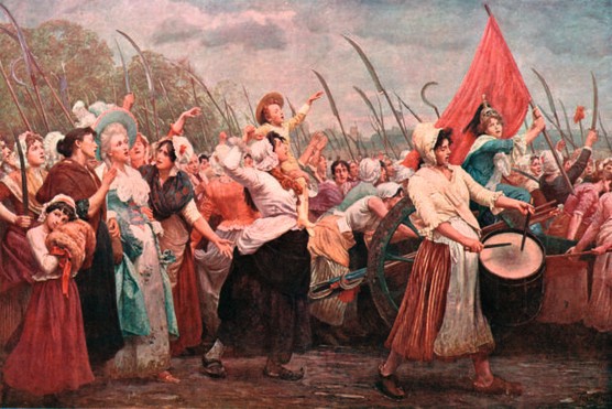 Women carrying flags and scythes or beating drums - one has a child on her shoulders - march on the Palace of Versailles to protest to the king