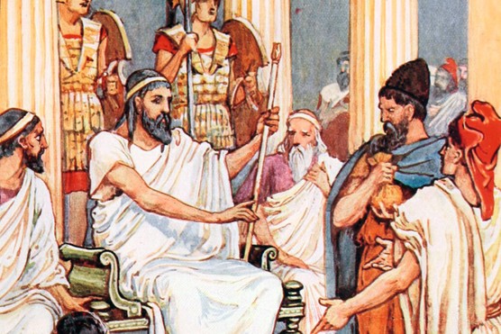 Ancient Greek statesman Solon sits on a throne, with a subject petitioning him