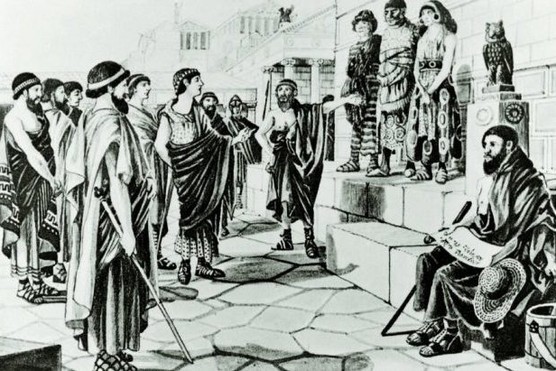 A modern illustration shows prisoners of war being sold into slavery