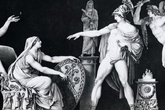 A depiction of a Spartan mother saying goodbye to her son, she is seated as he leaves