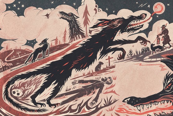 A red and black illustration showing a large wolf jumping up, above a man laying on the floor. Around the central wolf, there are several others